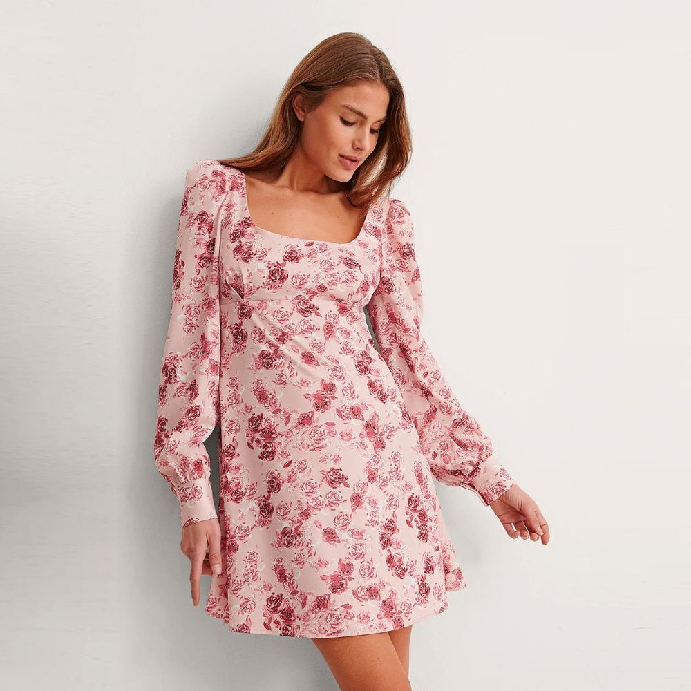 NEW! Puff Sleeve Satin Mini Fit and Flare Dress pink tone, Size EU 36 (US 4)